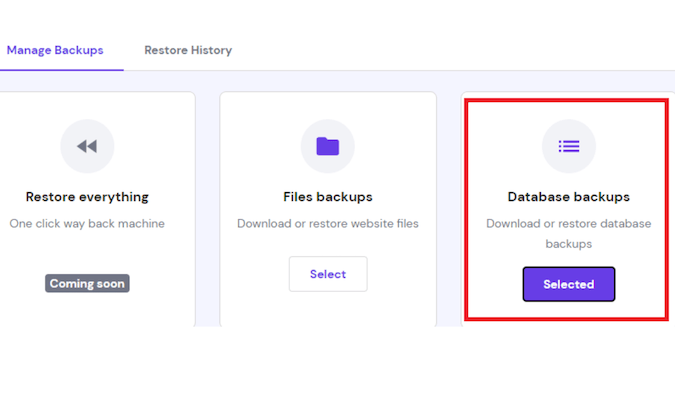 Screenshot from Hostinger's hPanel with a red box around the database backups function.