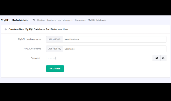 Screenshot from Hostinger's hPanel and MySQL Databases screen.