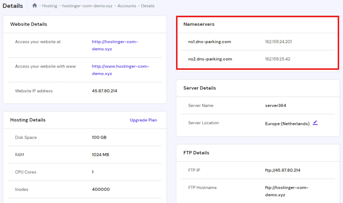 Screenshot of Hostinger's account detail screen with a red box around name servers with IP addresses.