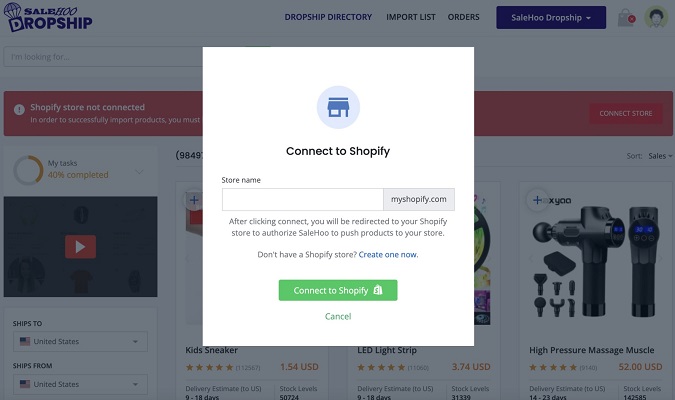 Screenshot of Salehoo connect to Shopify function.