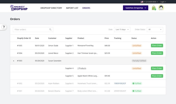 Screenshot of Salehoo order management screen.