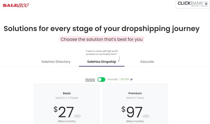 Screenshot of Salehoo dropship pricing options.