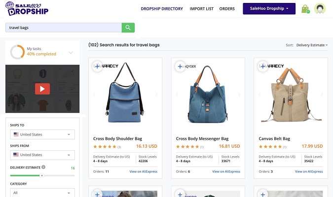 Screenshot of Salehoo search results for travel bags.