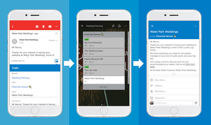 Three views of Trello on mobile app