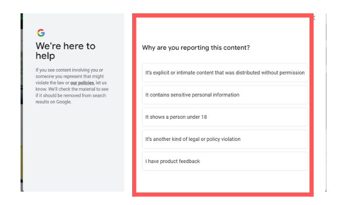 Google prompt asking "Why are you reporting this content" with list of possible answers