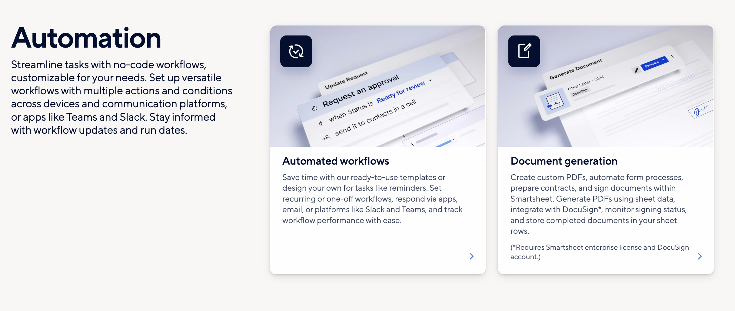 Smartsheet offers powerful no-code automations via workflows and document generation