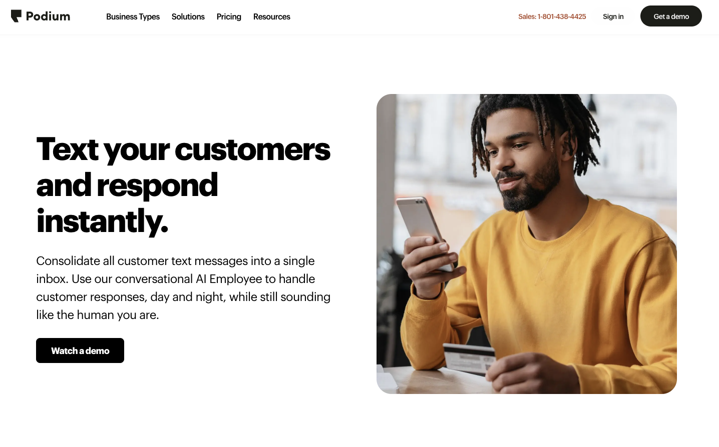 Podium SMS solution landing page.