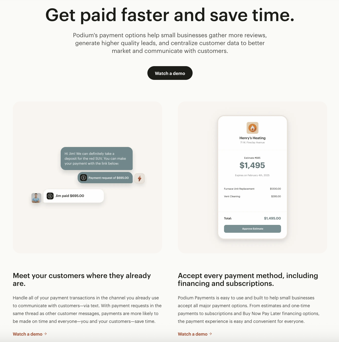 Podium payments solution landing page.