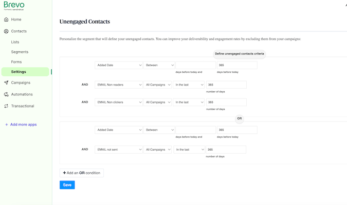 Unengaged contact page from Brevo.