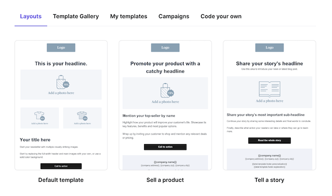 Layout options from Brevo email campaign builder. 