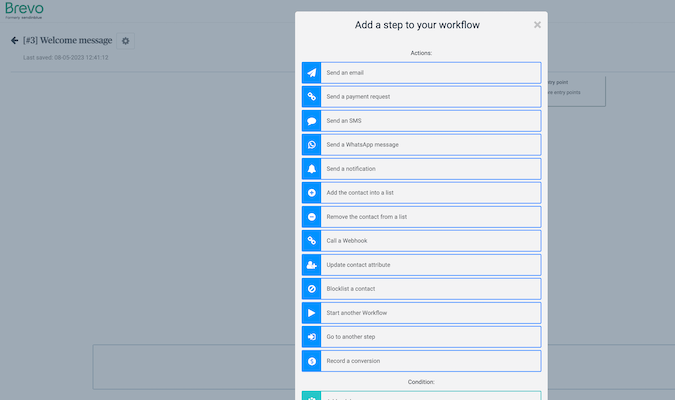 Page to add a step to the workflow in Brevo. 