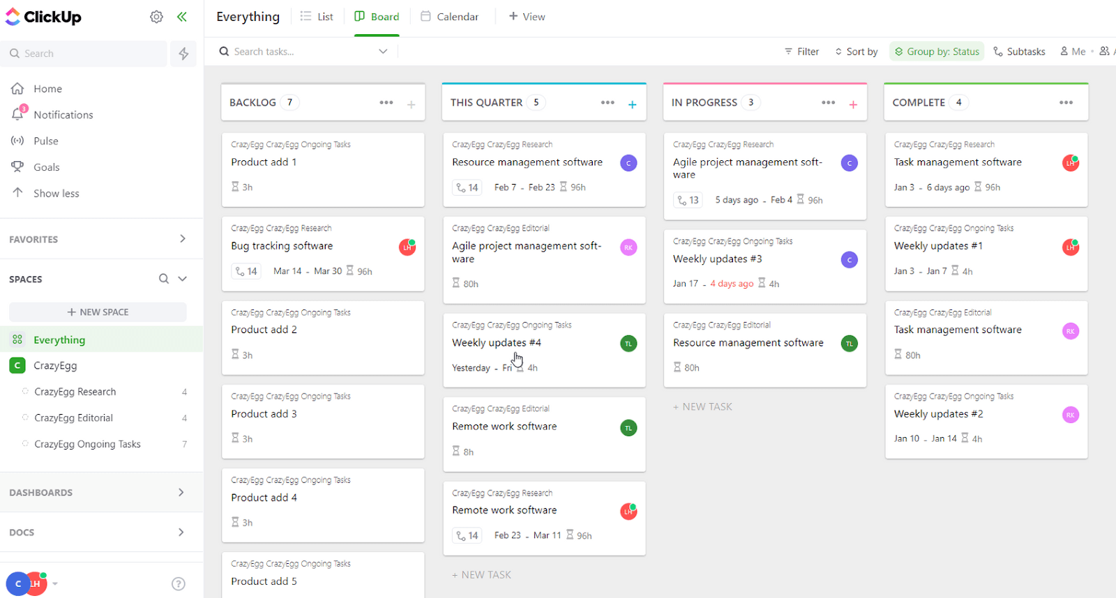 Kanban board-style everything view of a project in ClickUp