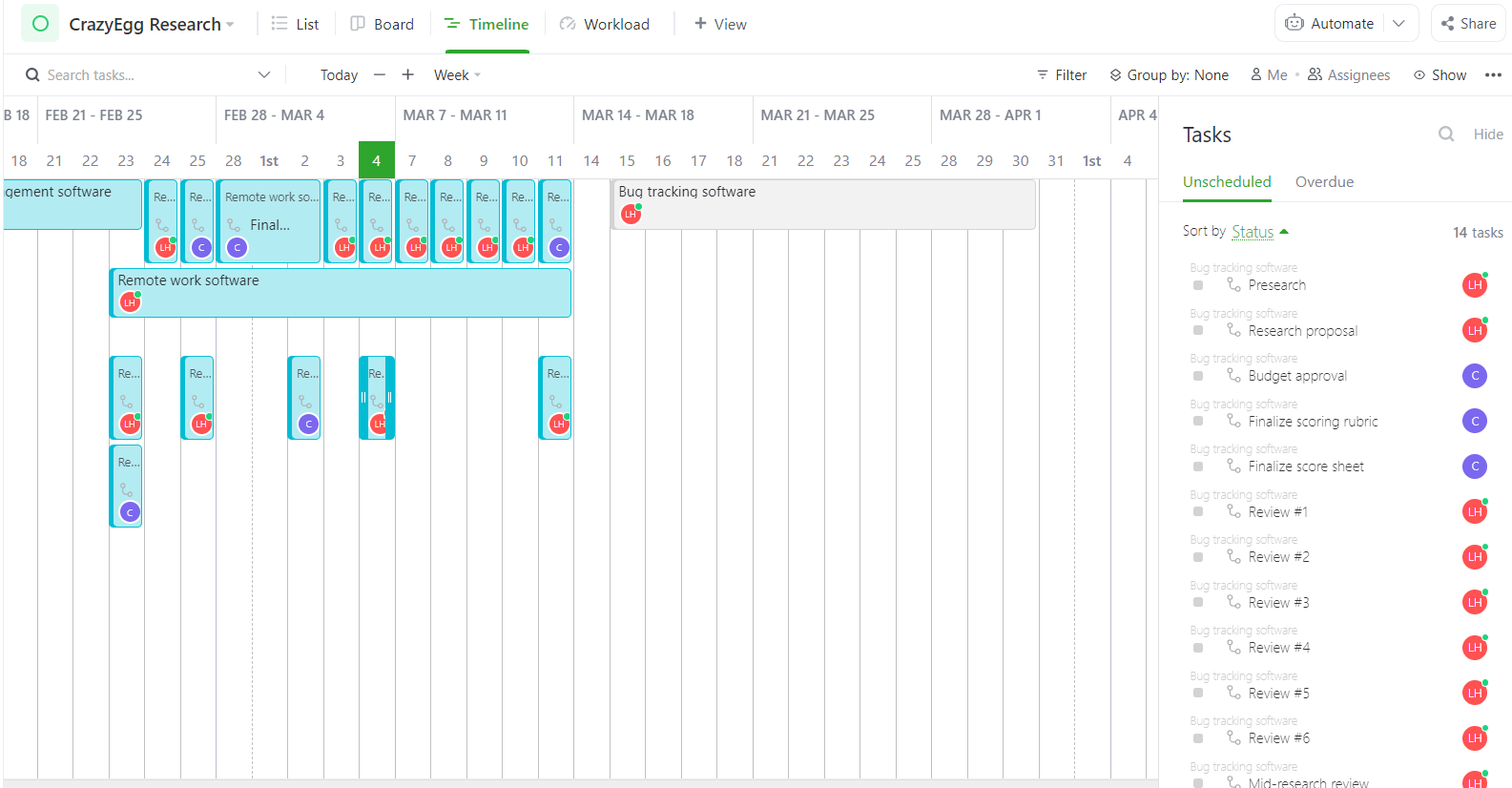 Roadmap (or timeline) view of a project in ClickUp