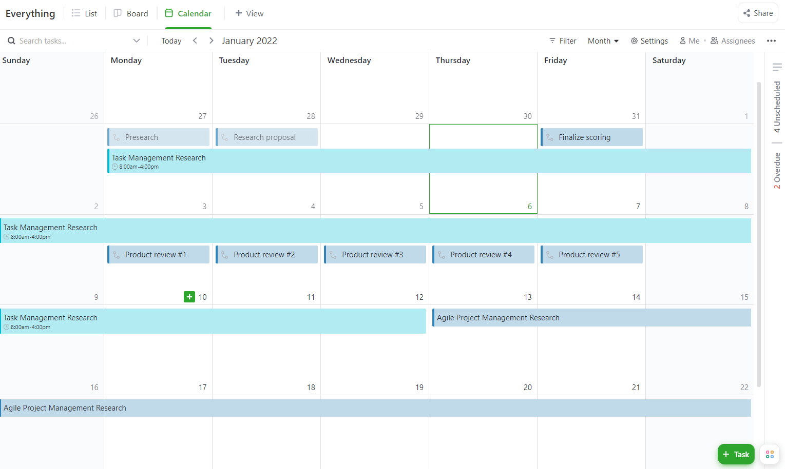 Calendar view of a project in ClickUp