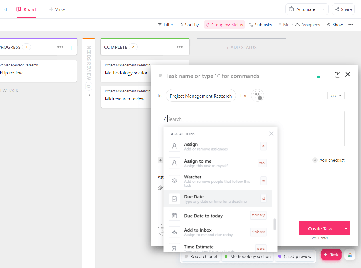 Examples of slash command functions in ClickUp