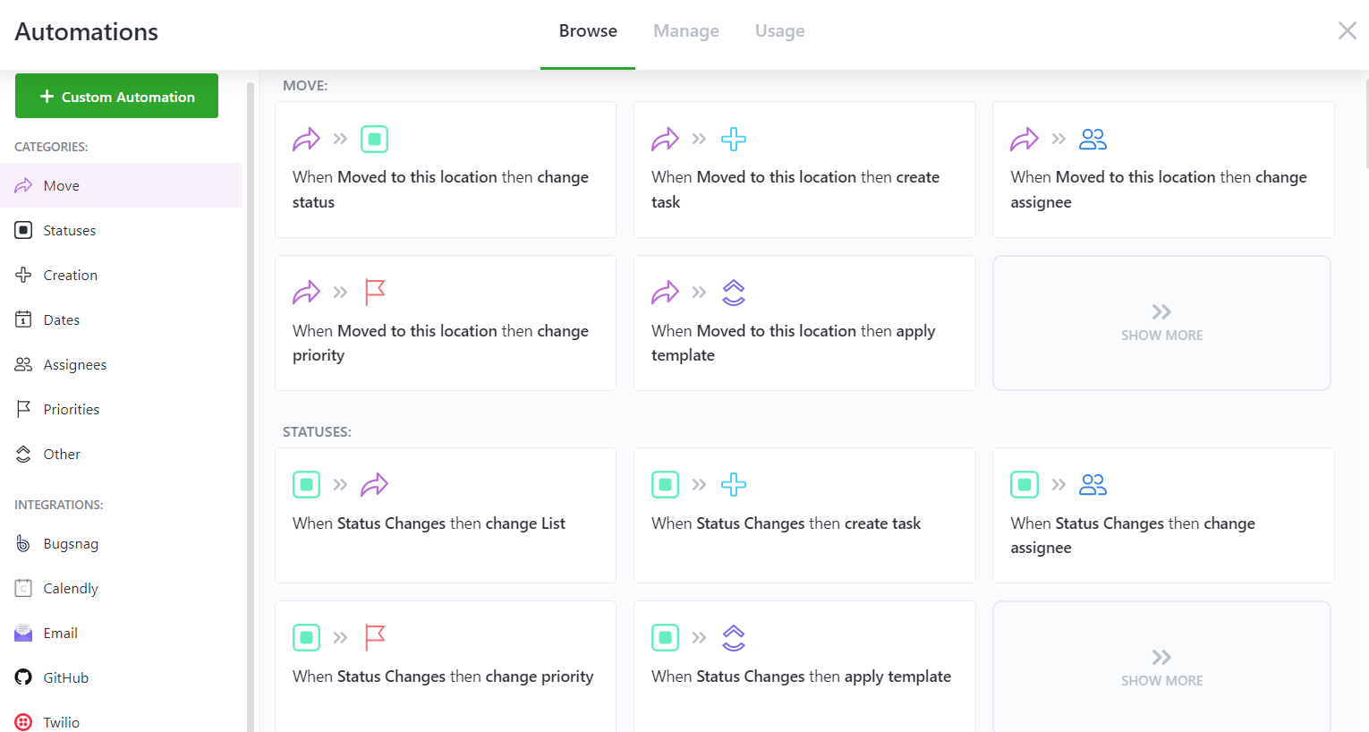 Examples of prebuilt automations in ClickUp