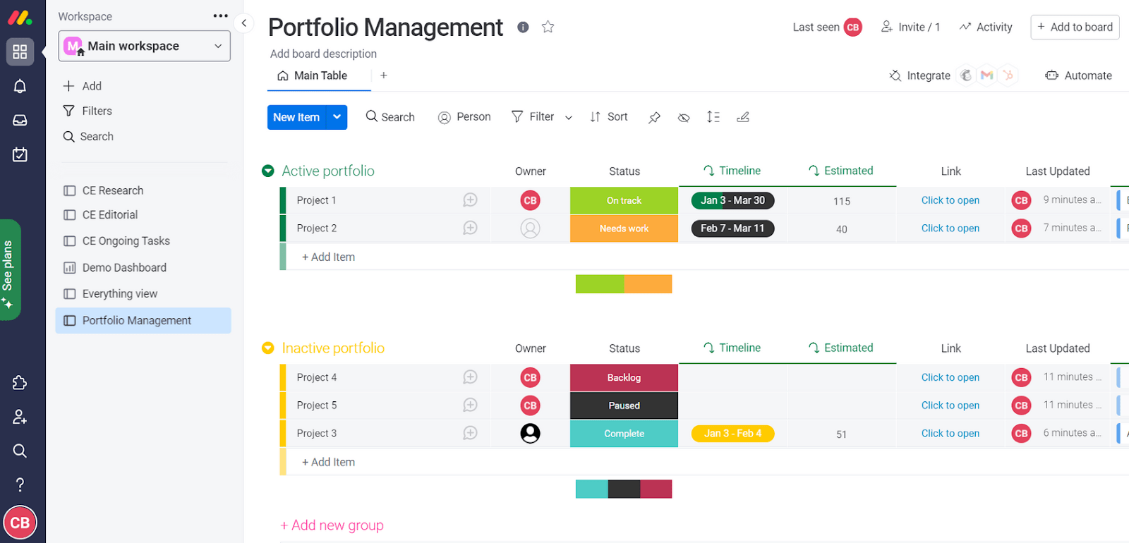 Portfolio view of projects in Monday.com