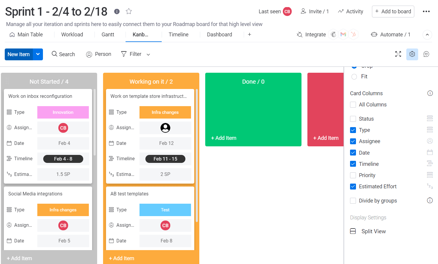 Kanban board view of a project in Monday.com