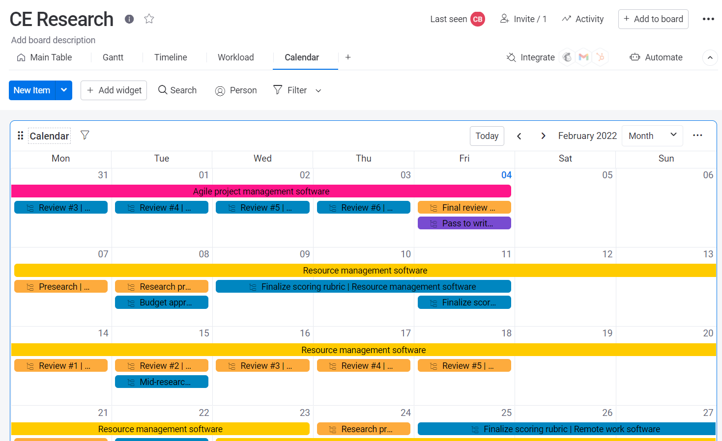 Calendar view of tasks in Monday.com