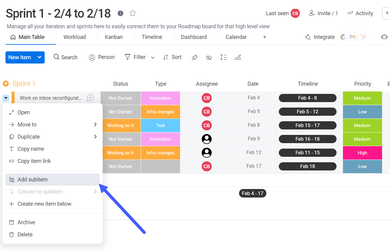 Adding a subtask in Monday.com's list view