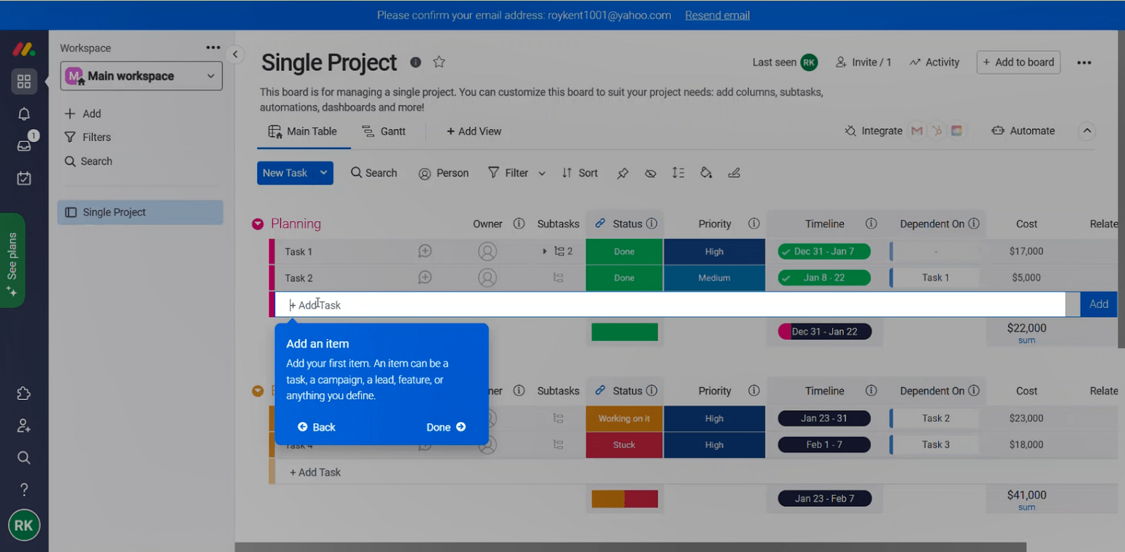 Adding an item during Monday.com's initial guided walkthrough of the software