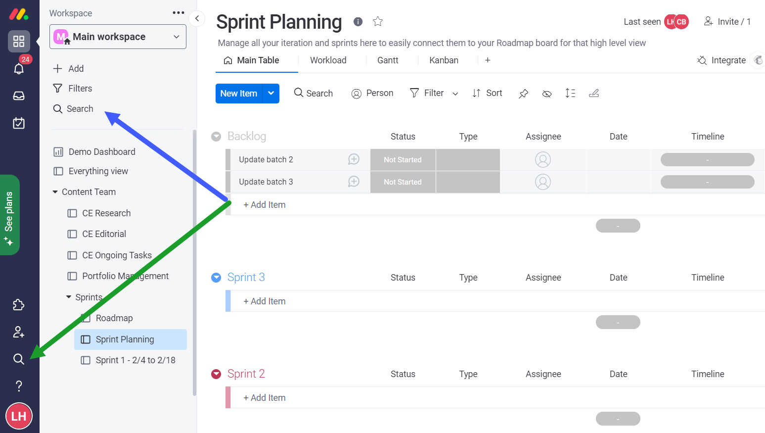 Placement of search shortcuts on Monday.com's main views