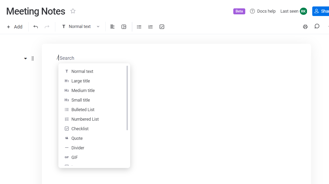 Slash commands in Monday.com's document editor