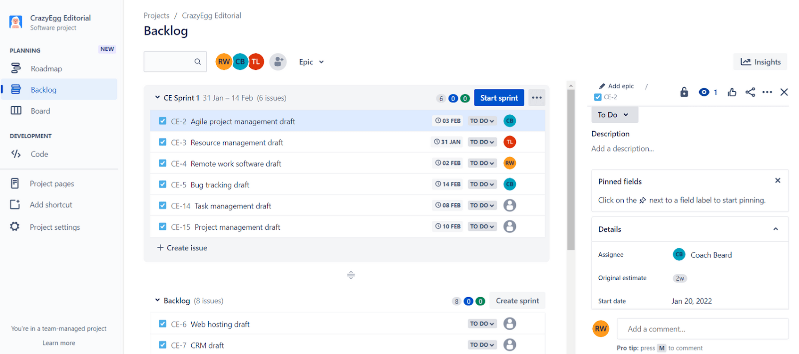 Using Jira's backlog view to plan a sprint