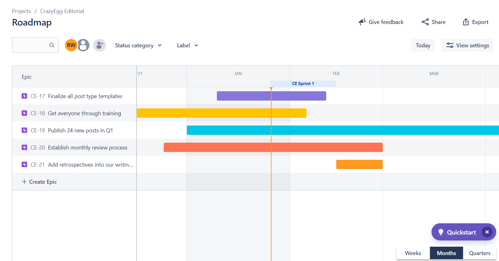 Roadmap view in Jira