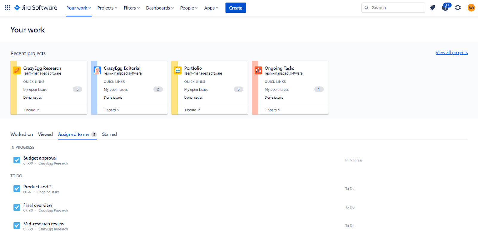 An example of "my work" area for an employee in Jira