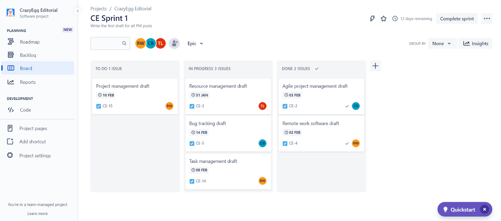 Example sprint Kanban board in Jira