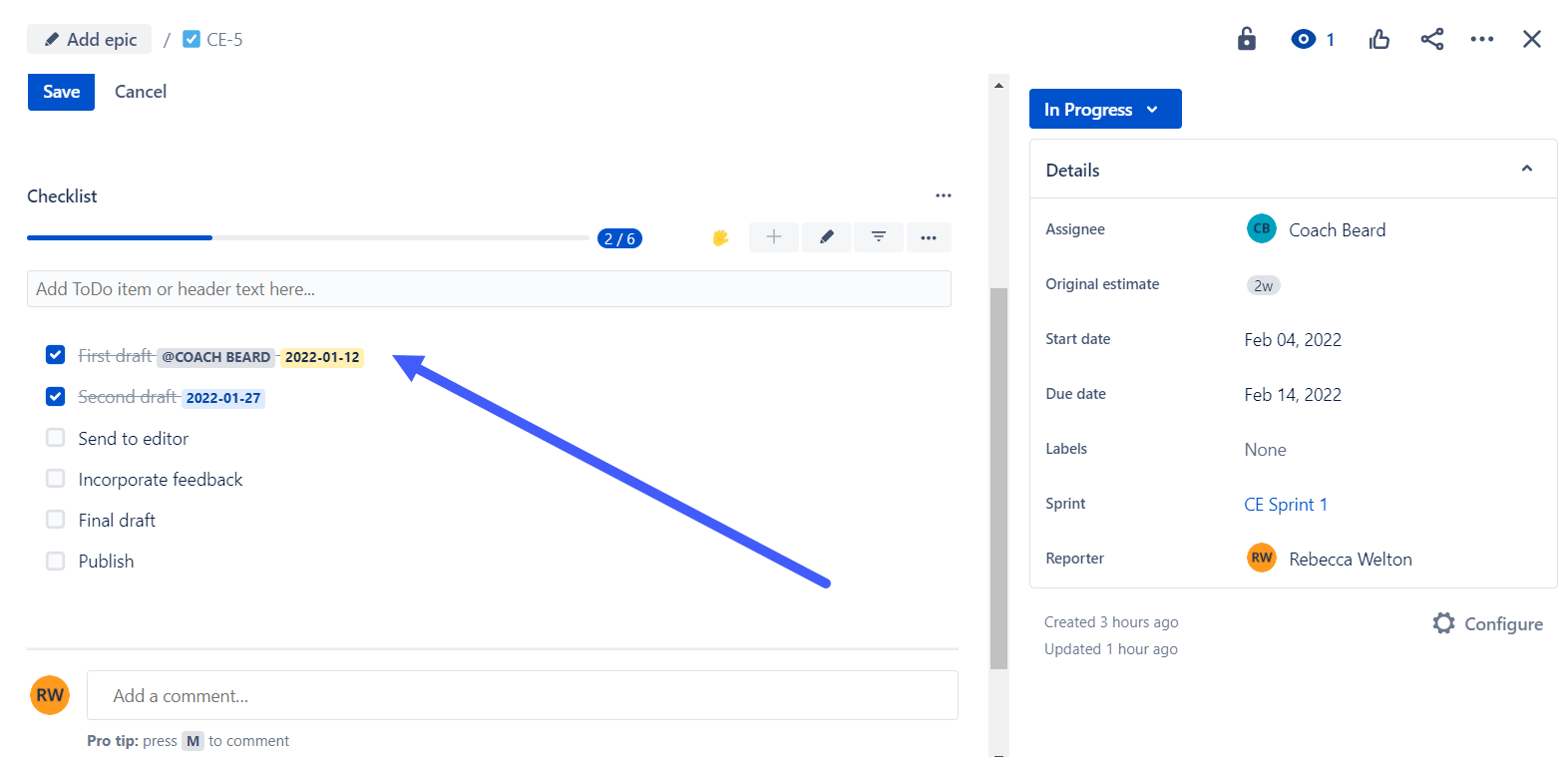 Example checklist in Jira with completion date for completed item