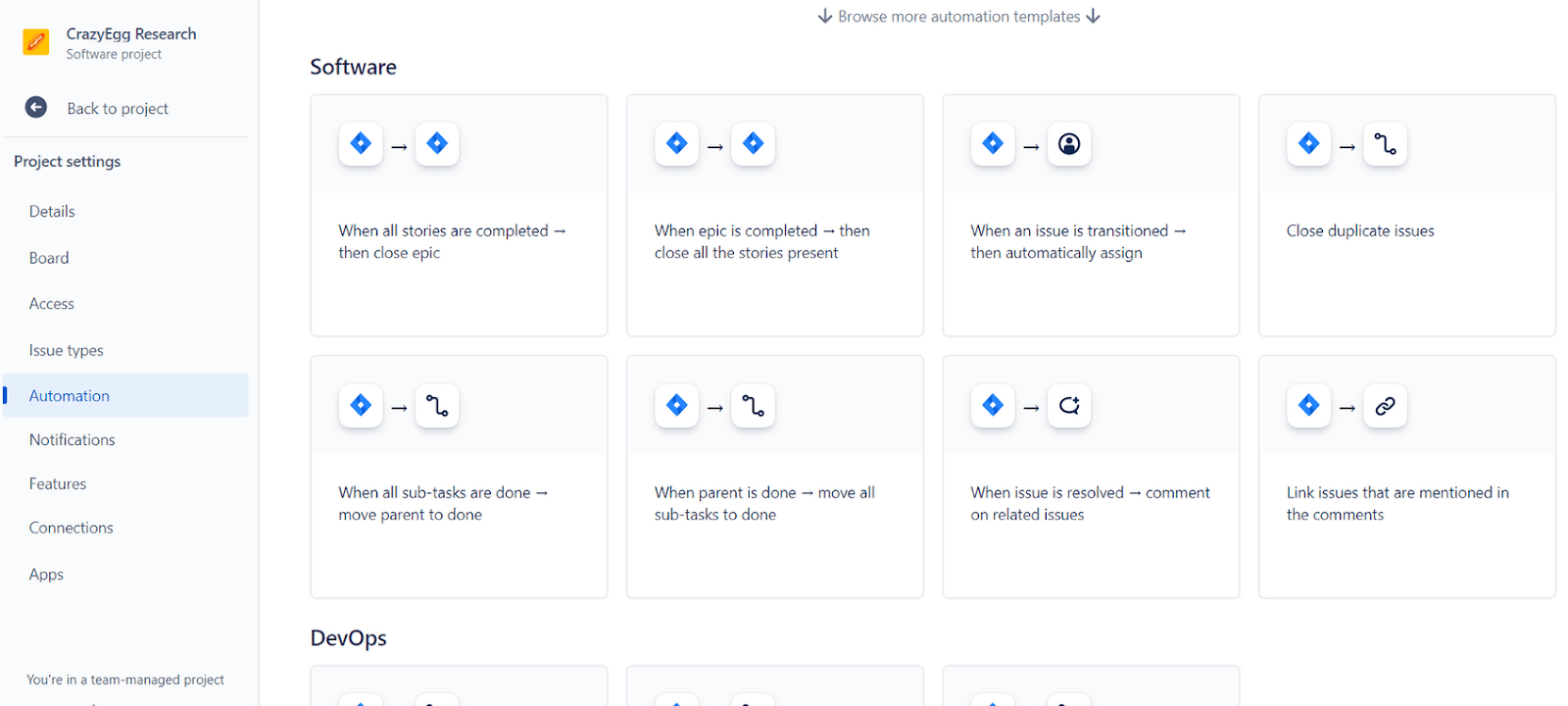 Examples of prebuilt automations in Jira