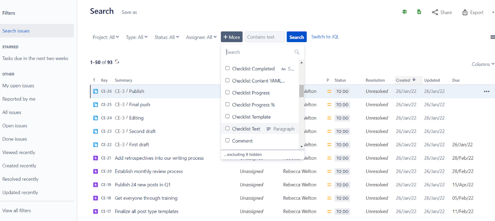 Advanced search in Jira with filtering options