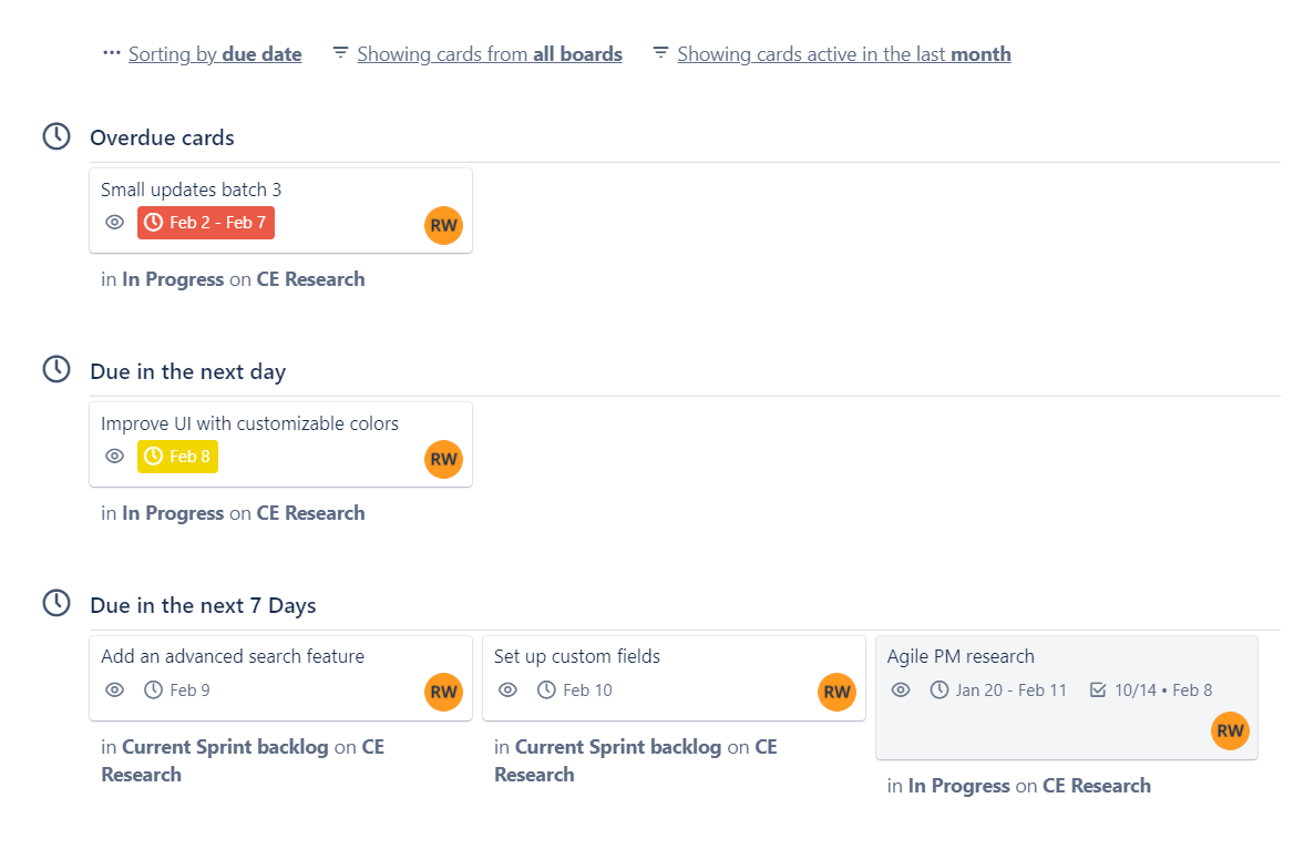 Trello's "my work" area for employees