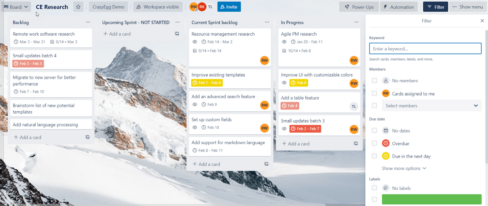 Filtering tasks on a Trello Kanban board