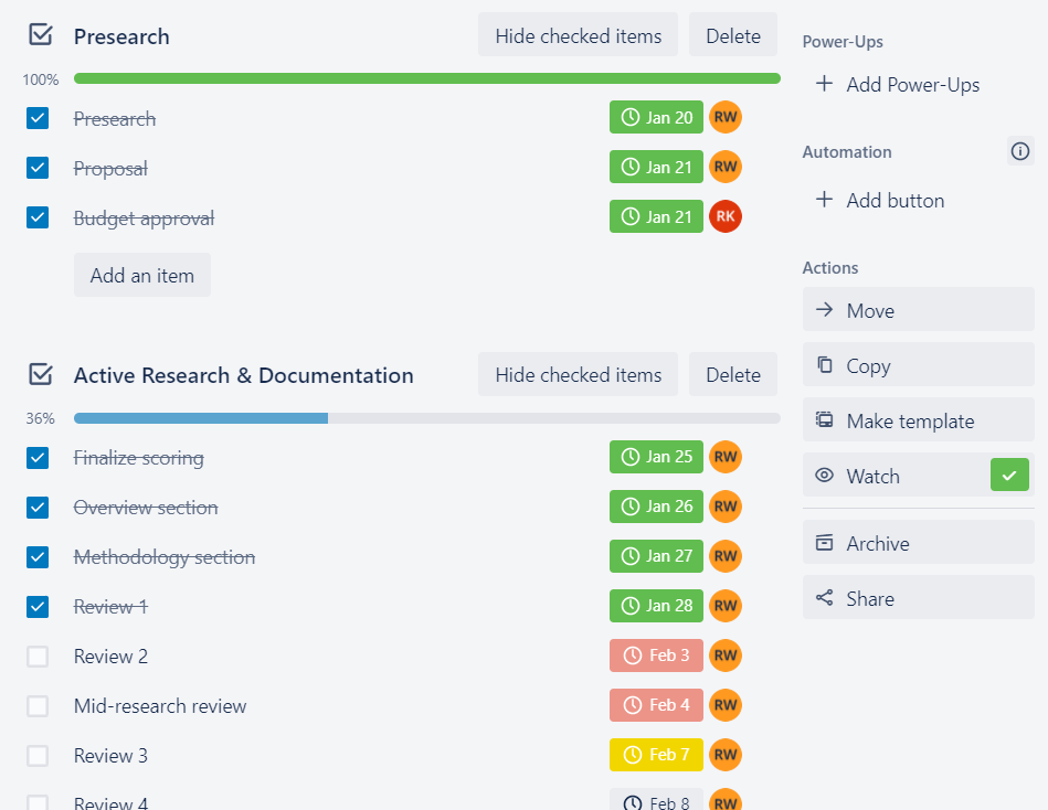 Examples of checklists in a Trello task card