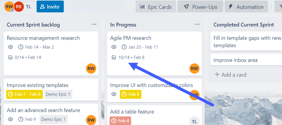 Checklist progress icon on Trello card from Kanban board view