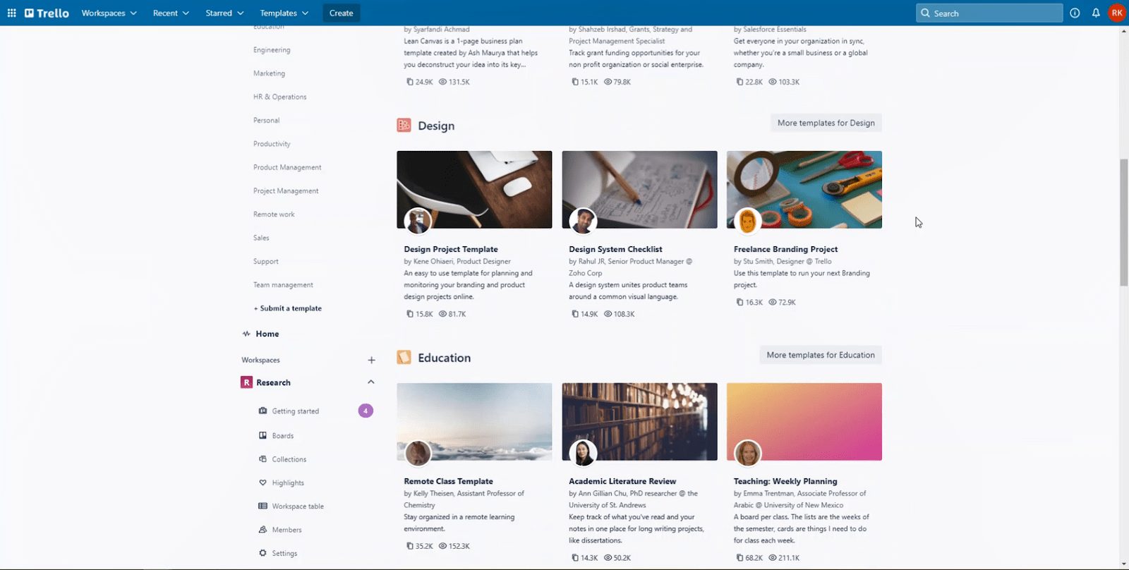 Selection of project templates found in Trello