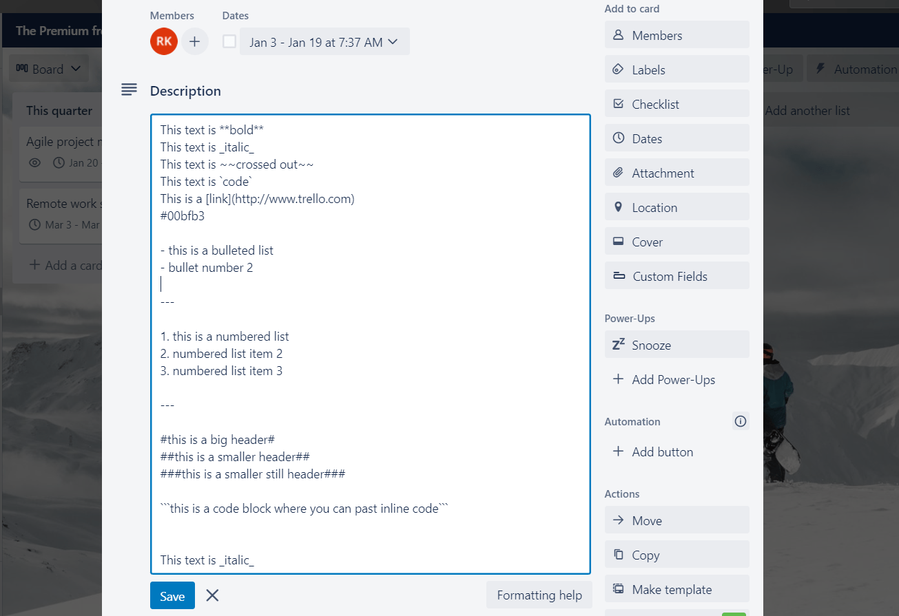 Using markdown language in a Trello card's description