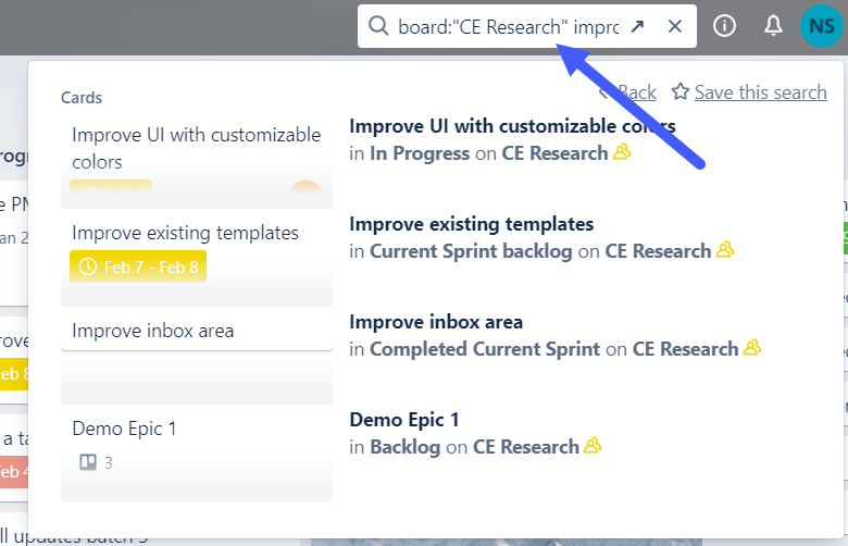 Filtering Trello search by board