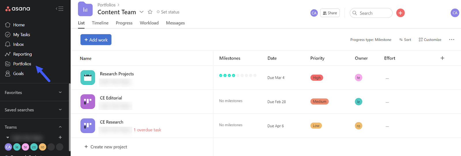 Portfolio location in Asana's left-hand side menu