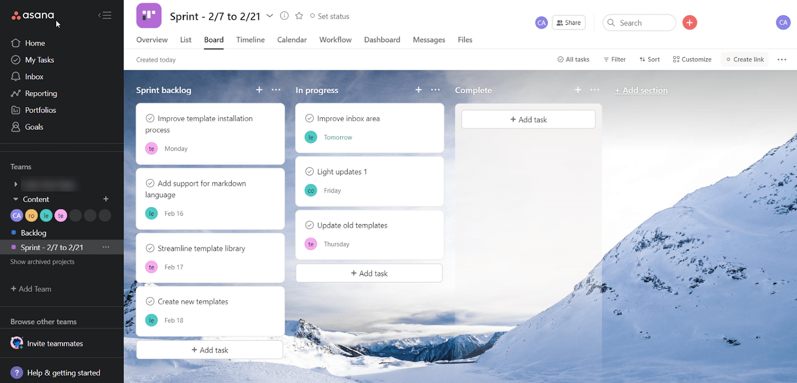 Viewing a sprint in Asana's Kanban board view