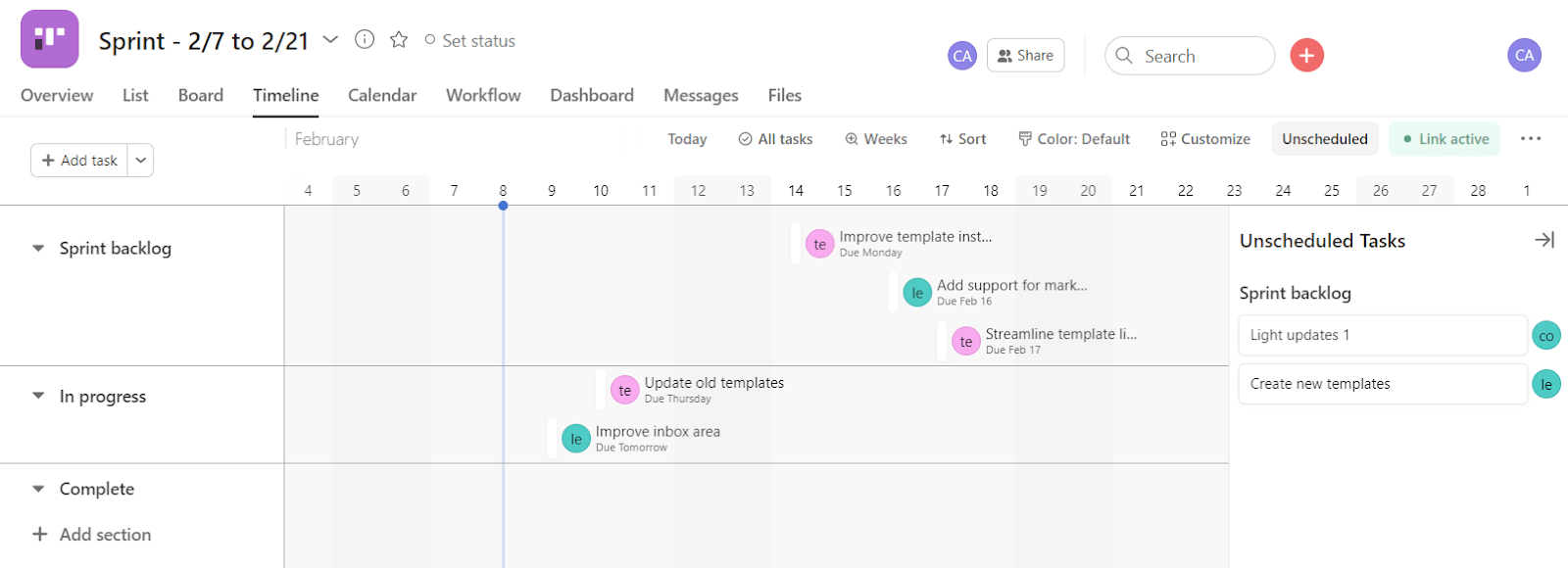 Timeline view in Asana