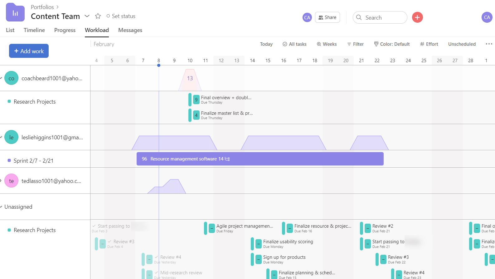 Edit team member workloads in Asana