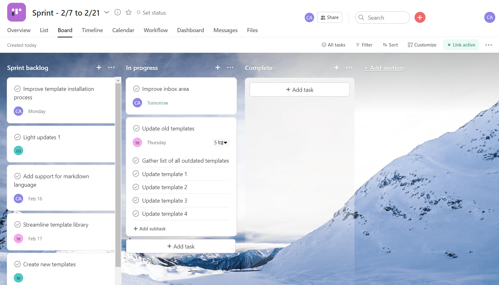 Kanban board view in Asana