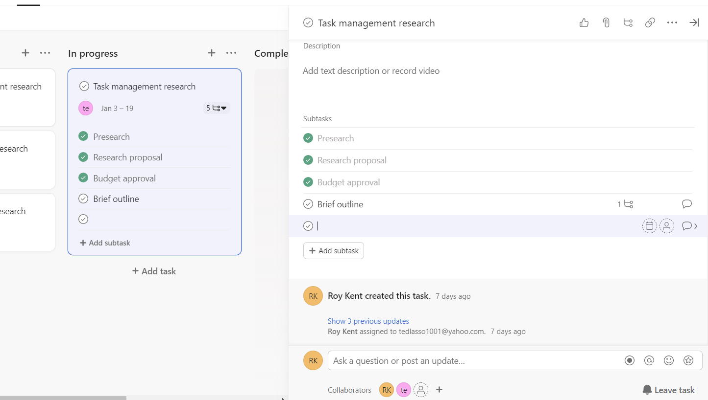 Example of subtasks in Asana