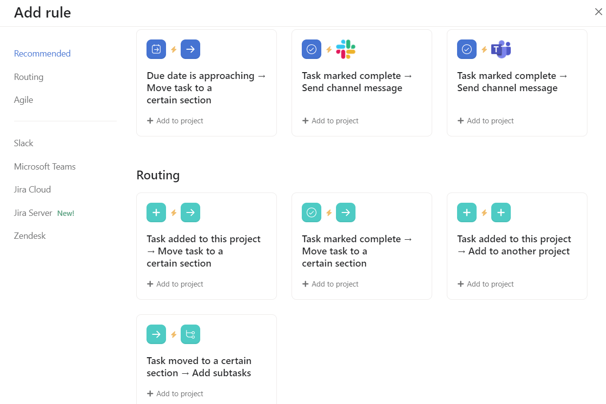 Examples of prebuilt automations in Asana