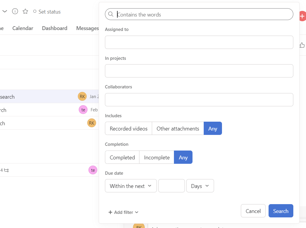 Advanced search in Asana