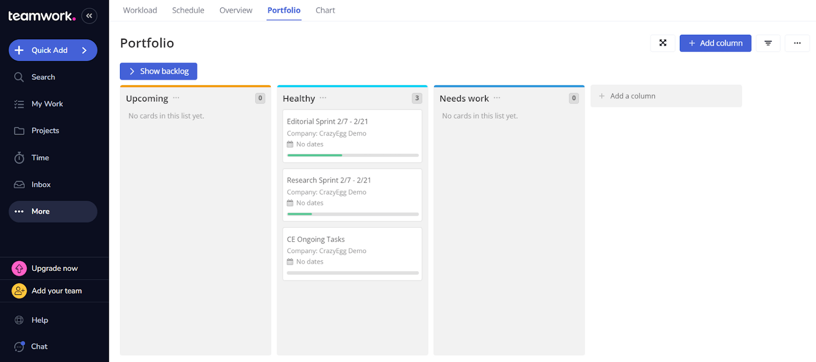 Viewing portfolio via Teamwork's Kanban view